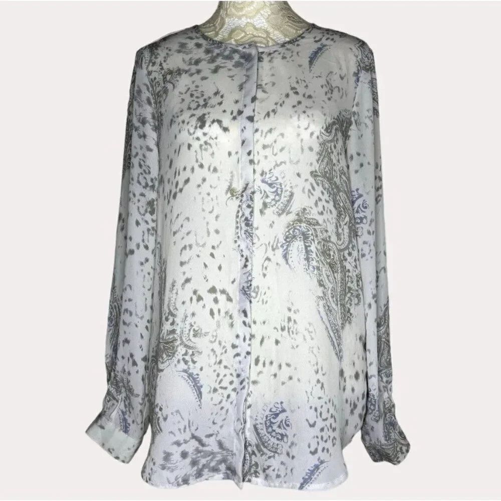 belissimo white blue gray Sheer blouse Long Sleeve Paisley Chiffon Small